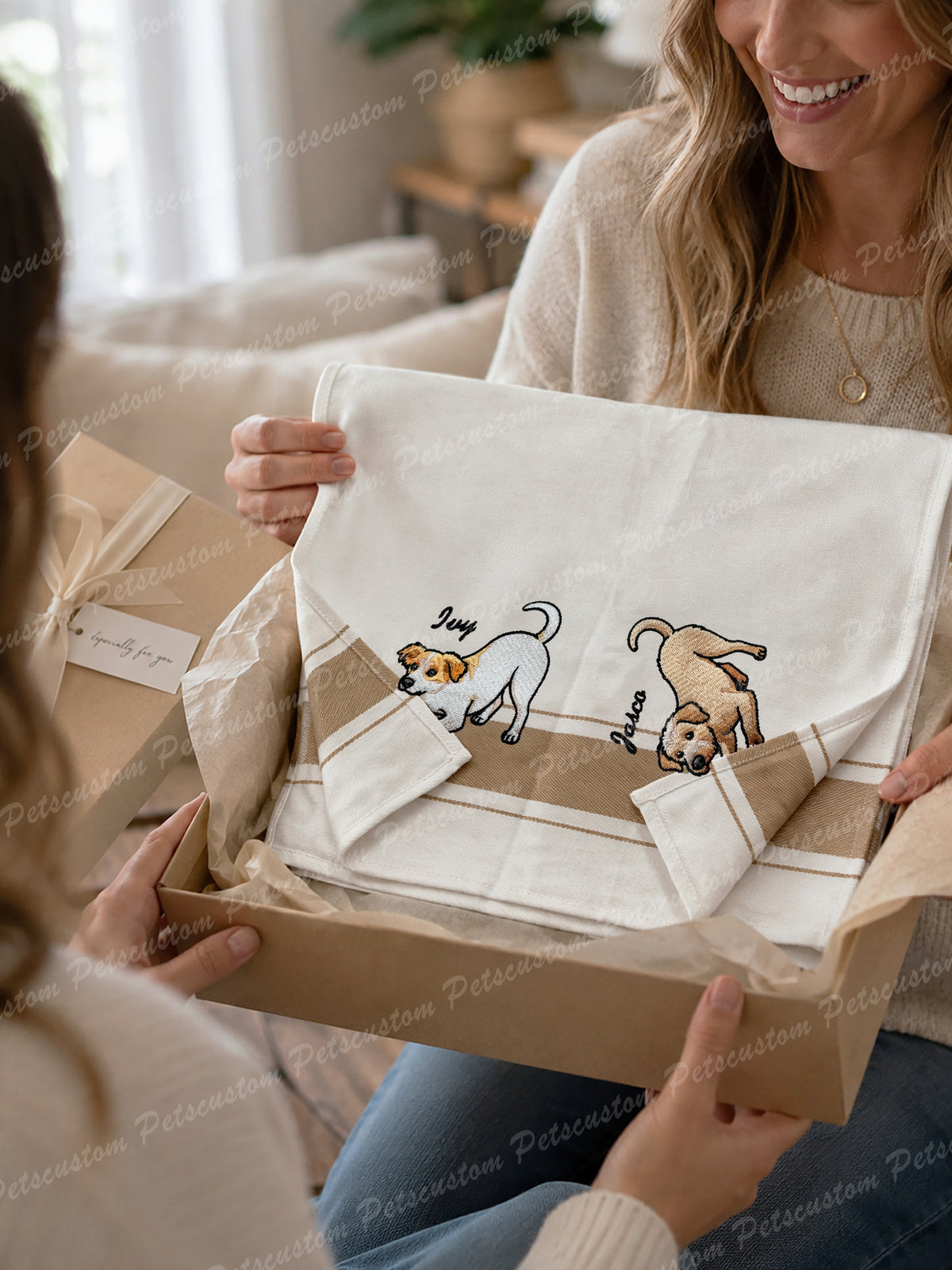 Custom Embroidered Pet Portrait Kitchen Towel with Name, Personalized Cotton Dish Towel