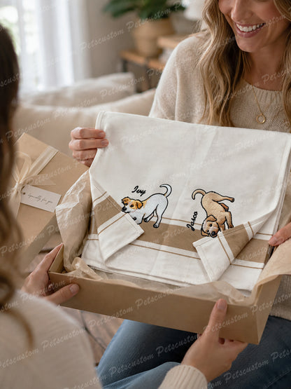 Custom Embroidered Pet Portrait Kitchen Towel with Name, Personalized Cotton Dish Towel