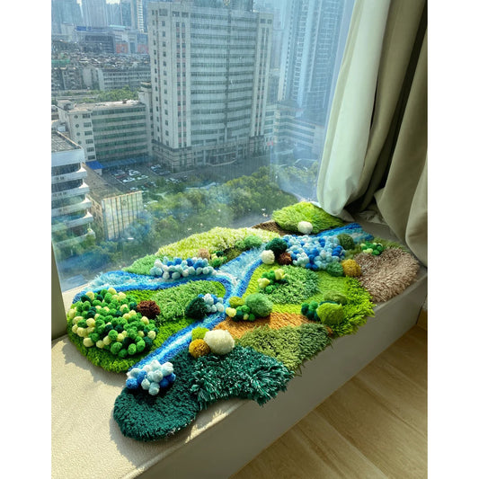 Handmade Crochet Moss Carpet with River - 125x80CM