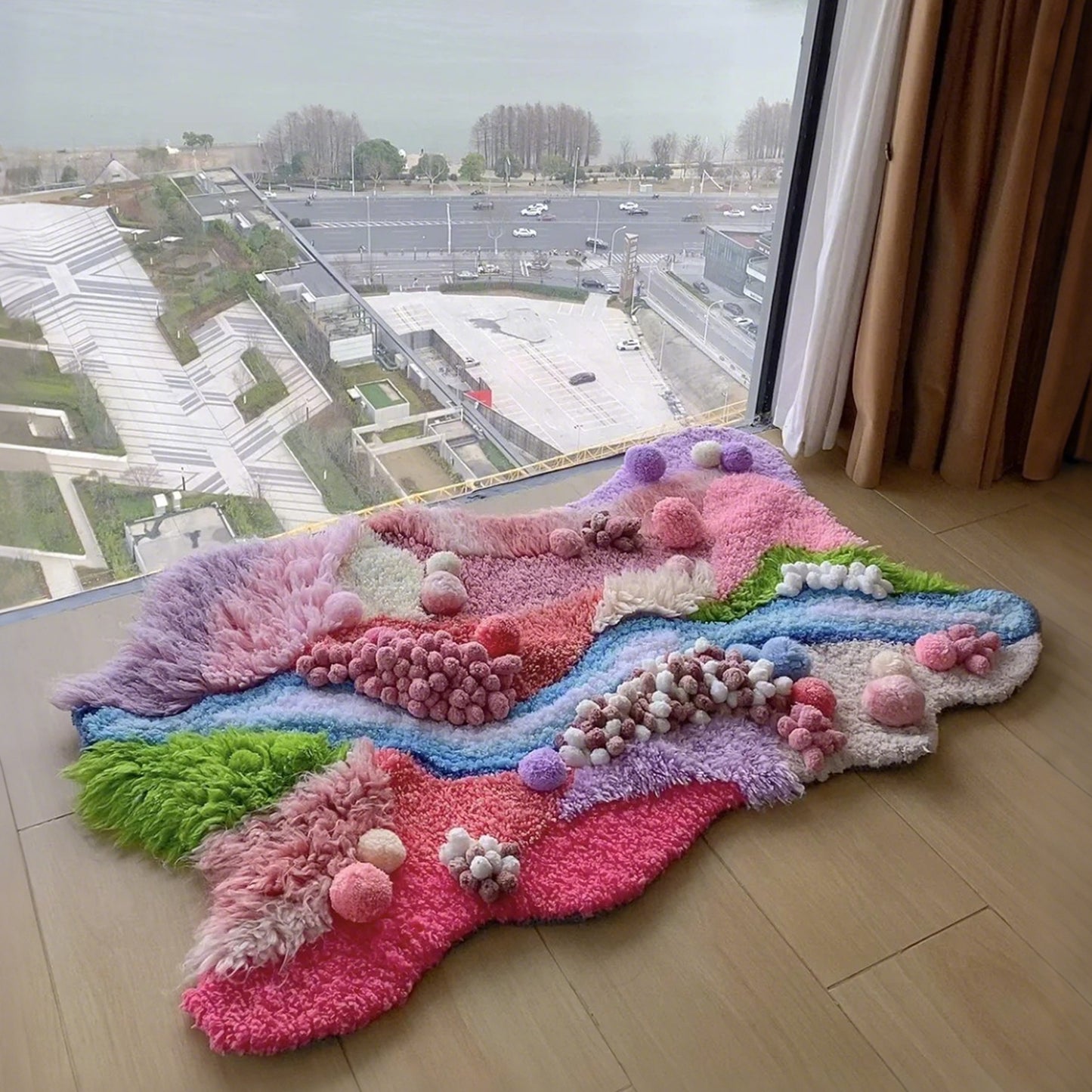Pink Handmade Crochet Moss Fluffy Carpet - 110x70CM