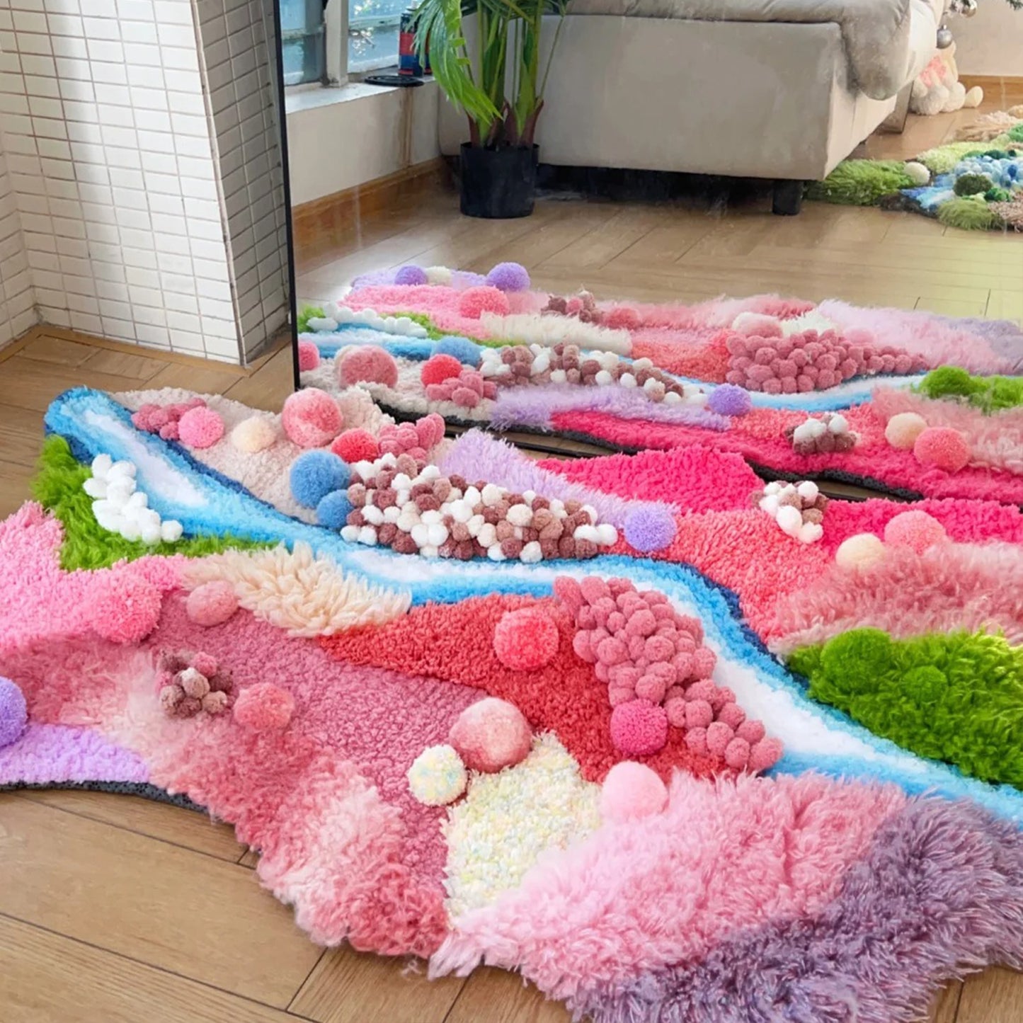 Pink Handmade Crochet Moss Fluffy Carpet - 110x70CM
