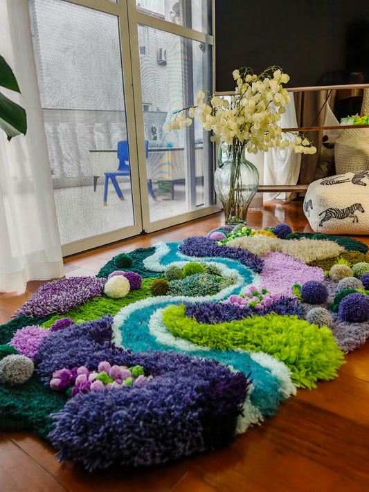 3D Fluffy Purple Green Handmade Latch Look Moss Rugs - Multiple Sizes