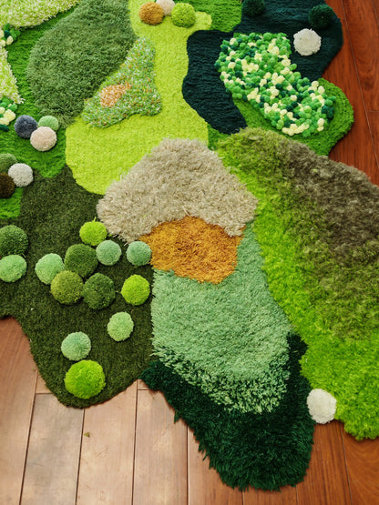 Handmade Latch Hook Green Modern Art Rug - Wool Blend Decor for Living Room