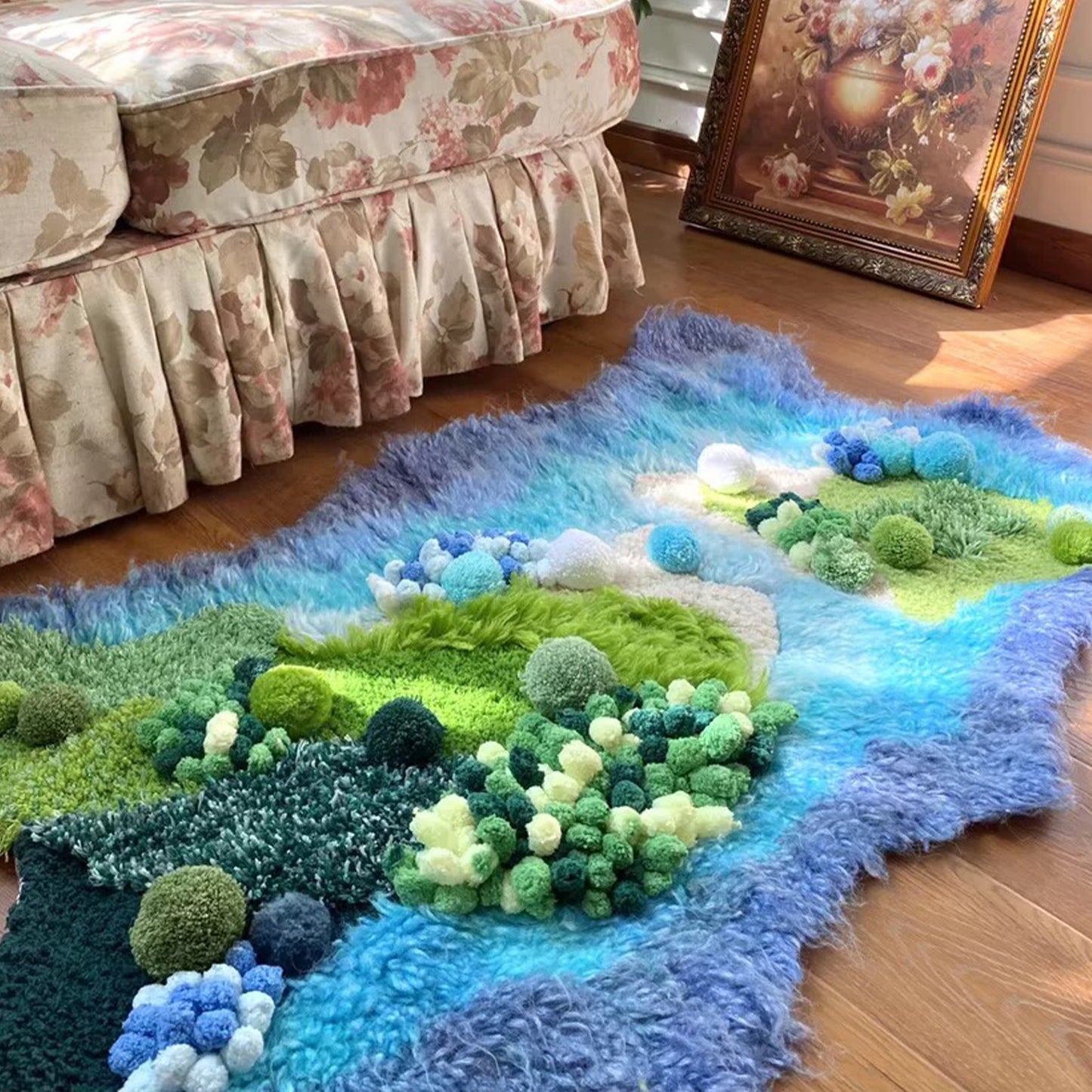 Purple, Blue and Green Handmade Moss Carpet - 110x70CM