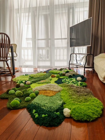Handmade Latch Hook Green Modern Art Rug - Wool Blend Decor for Living Room