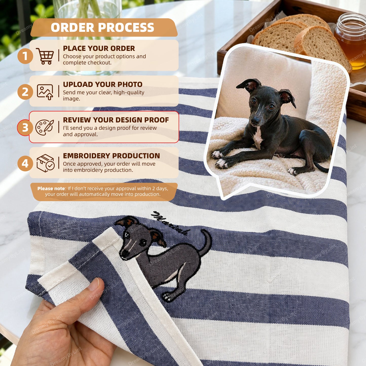 Custom Embroidered Cotton Kitchen Towel with Pet Portrait & Name