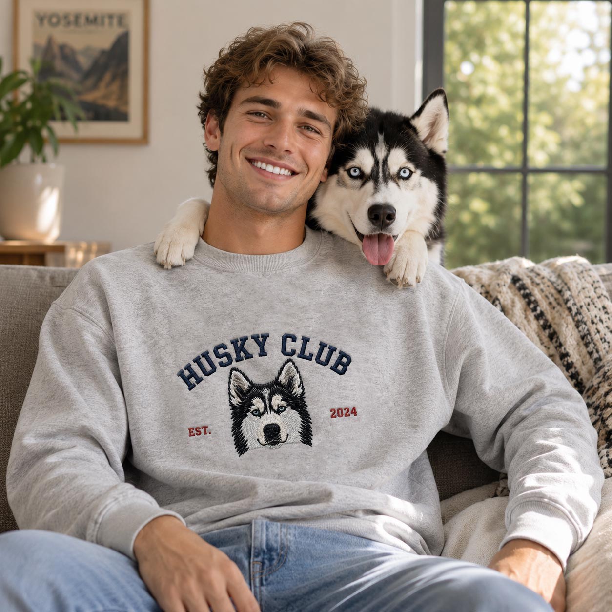 Personalized Dog Name and Portrait Embroidered Round Neck Sweatshirt