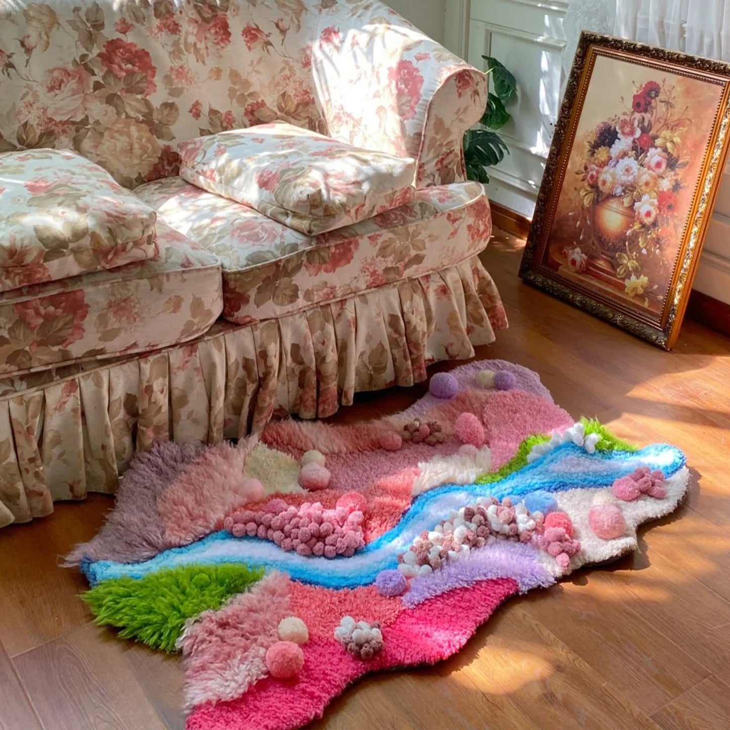 Pink Handmade Crochet Moss Fluffy Carpet - 110x70CM