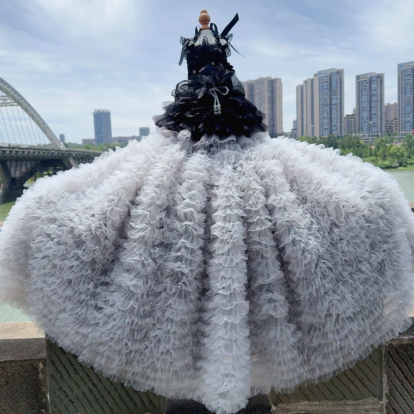 Detachable Black Gray Lace & Sequin Puffy Cake Dress for Dogs/Cats