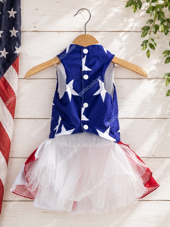 USA Soccer Fan Pet Gown – Luxury Patriotic Puffy Cake Dress for Dogs & Cats (Long / Short)