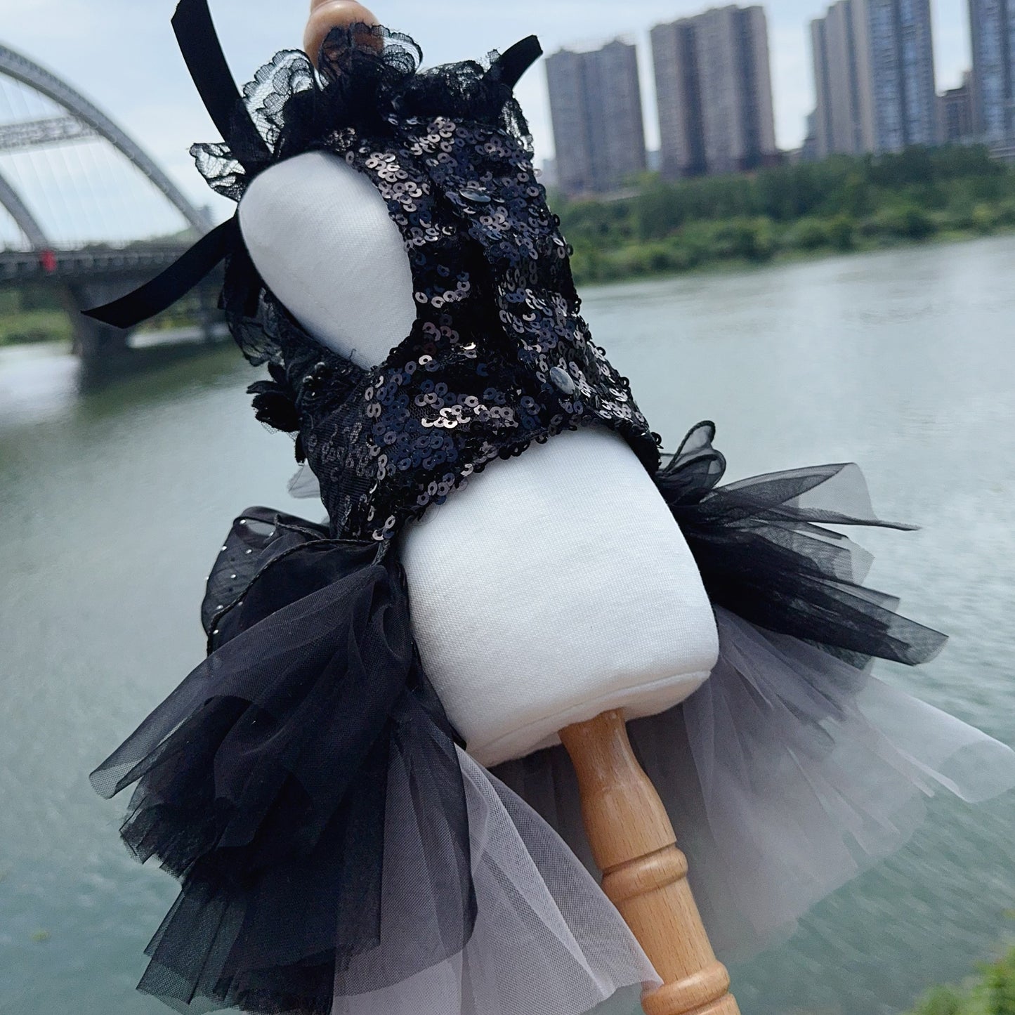 Detachable Black Gray Lace & Sequin Puffy Cake Dress for Dogs/Cats