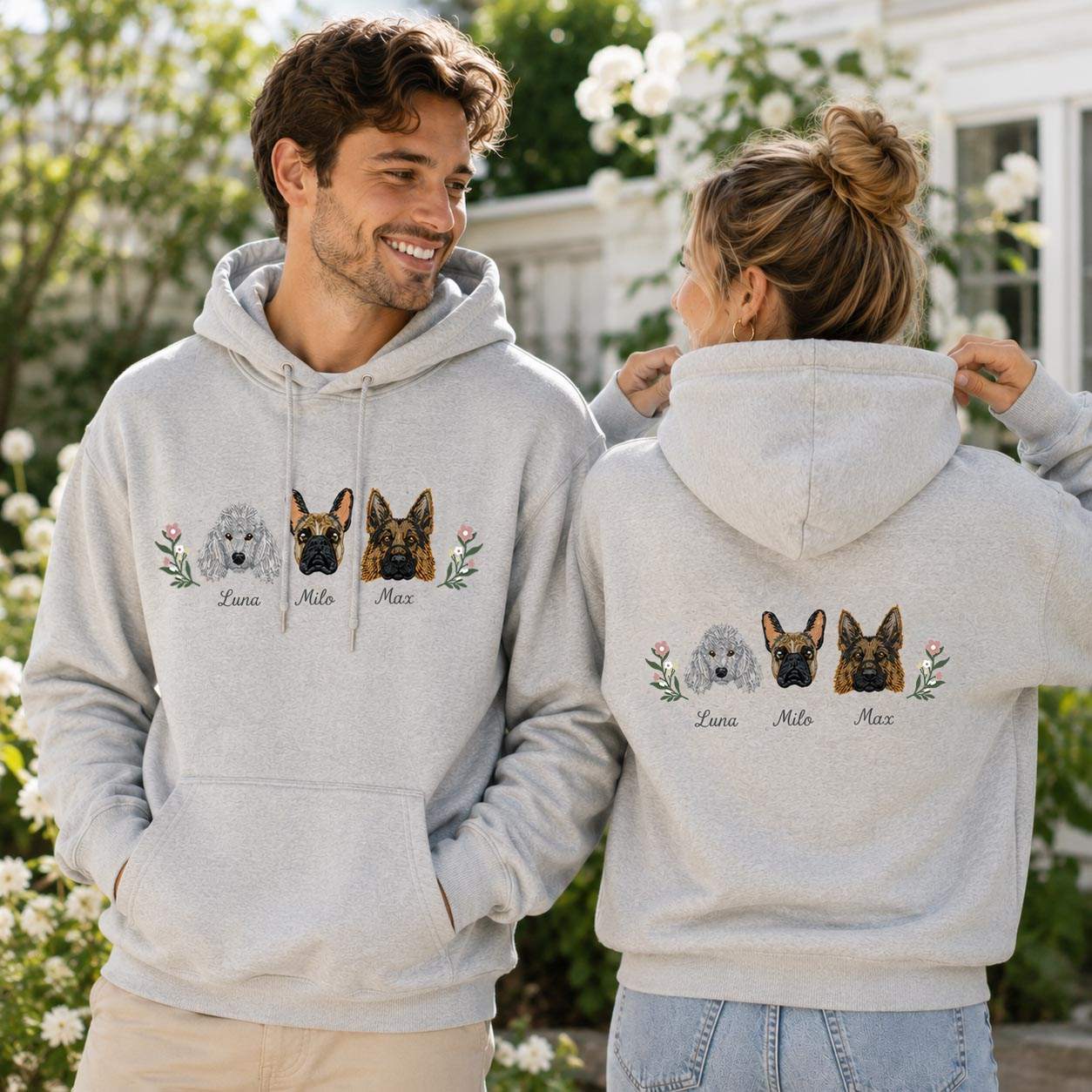 Personalized Multiple Dog Portraits & Name Embroidered Sweatshirt