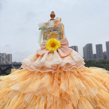 Yellow Embroidered Sunflowers Dog Wedding Dress