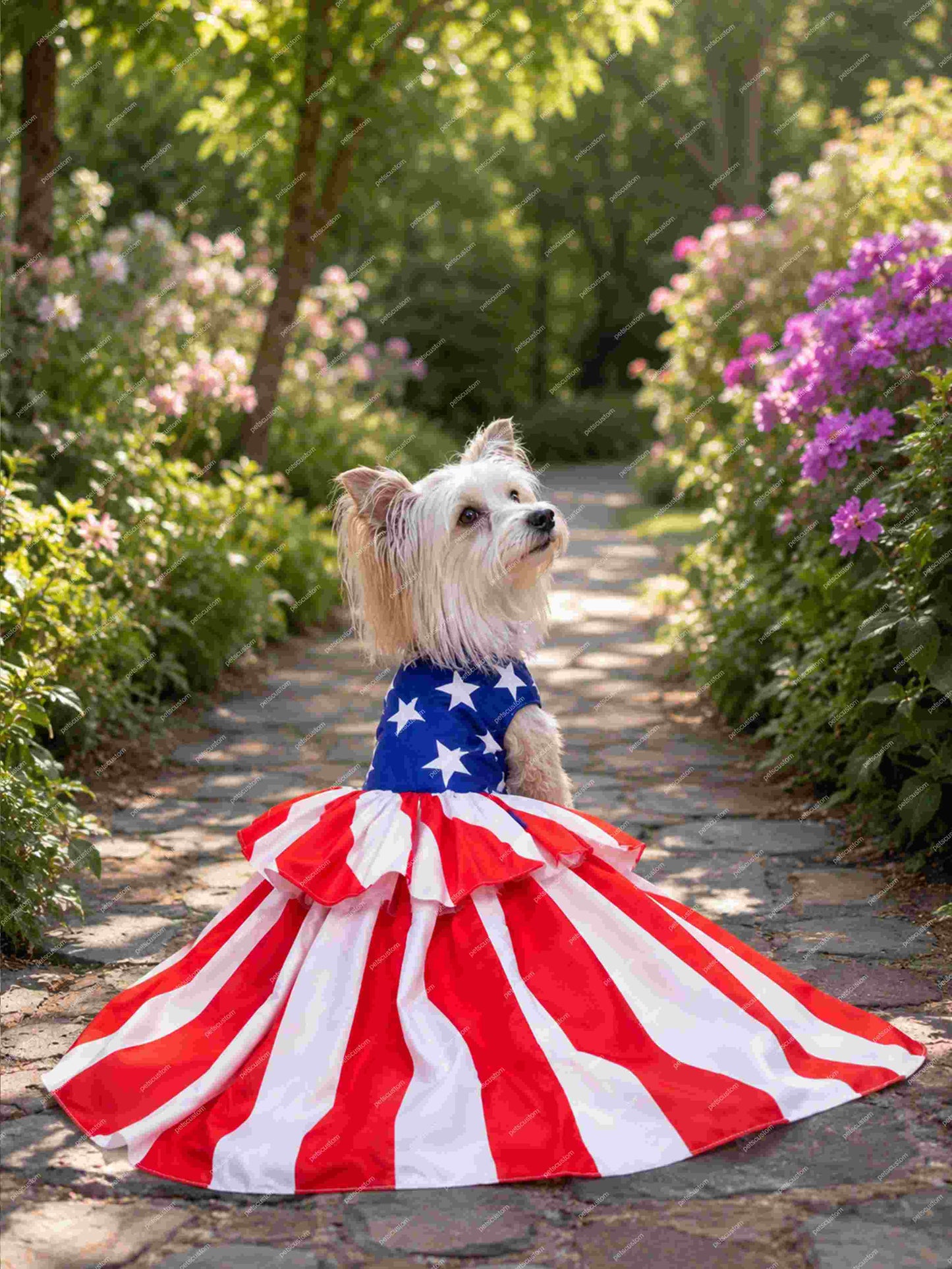 USA Soccer Fan Pet Gown – Luxury Patriotic Puffy Cake Dress for Dogs & Cats (Long / Short)